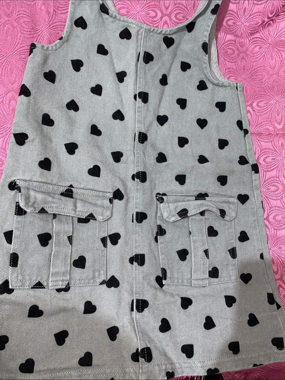 btween Gray Overall Dress with Black Heart Print